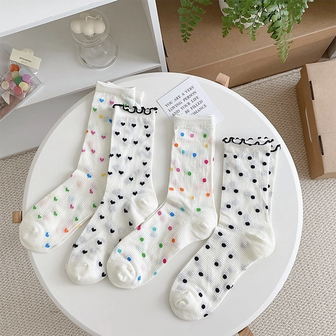 Calcetines De Media Pantorrilla De Malla De Algodón Transpirables Patrón De Corazón Y Lunares Borde De Volante Estilo Japonés Para Mujeres Niñas
