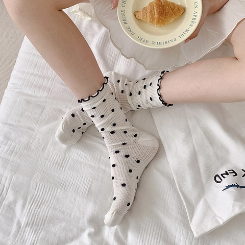 Calcetines De Media Pantorrilla De Malla De Algodón Transpirables Patrón De Corazón Y Lunares Borde De Volante Estilo Japonés Para Mujeres Niñas