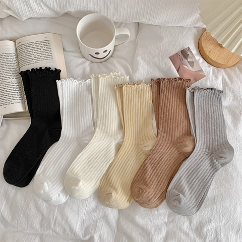 Women Mid Calf Socks Cotton Ribbed Knit Ruffle Trim Lettuce Edge Breathable Mesh Japanese Sweet Style Solid Color Soft