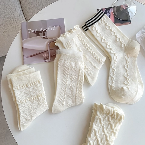 Women Mid Calf Crew Socks Cotton Blend 3D Texture Lace Ruffle Trim Japanese JK Style Sweet Kawaii