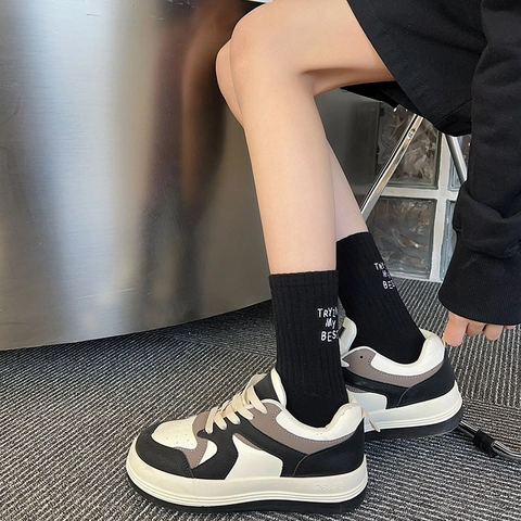 Wadenhohe Crew Socken Für Damen Baumwolle Rippstrick Buchstaben Bestickt Atmungsaktiv Schweißabsorbierend Japanischer Stil
