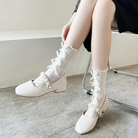 Calze Al Polpaccio In Pizzo Da Donna Traforate Dolci Fiocchi Di Nastro Stile Lolita Nylon Traspirante