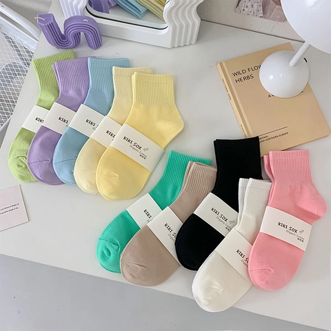 Women Ribbed Cotton Crew Socks Solid Candy Color Breathable Sweat-Absorbent Japanese Preppy Style Casual Mid-Calf Hosiery