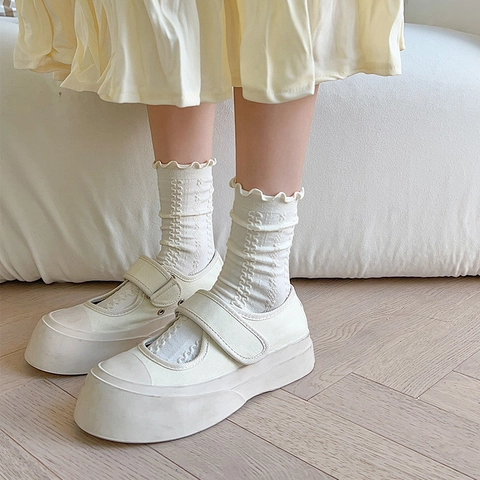 Women Mid Calf Crew Socks Cotton Blend 3D Texture Lace Ruffle Trim Japanese JK Style Sweet Kawaii