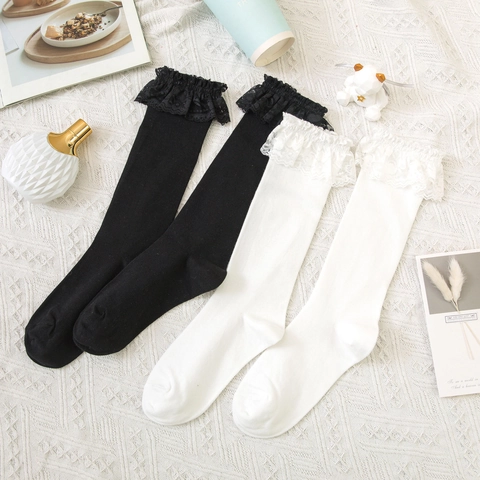 Lace Ruffle Knee High Socks Cotton Ribbed Lolita JK Uniform Sweet Japanese Style For Women Girls