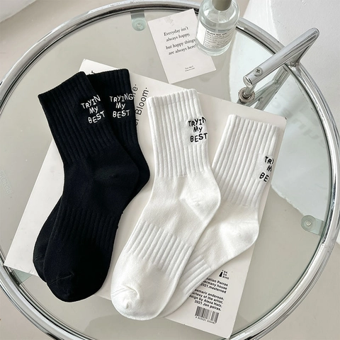 Wadenhohe Crew Socken Für Damen Baumwolle Rippstrick Buchstaben Bestickt Atmungsaktiv Schweißabsorbierend Japanischer Stil