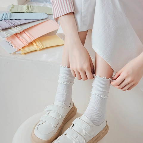 Calcetines De Algodón Para Mujer Dulce Volante Borde Punto Canalé Transpirable Suave Elástico Color Sólido Para Niñas