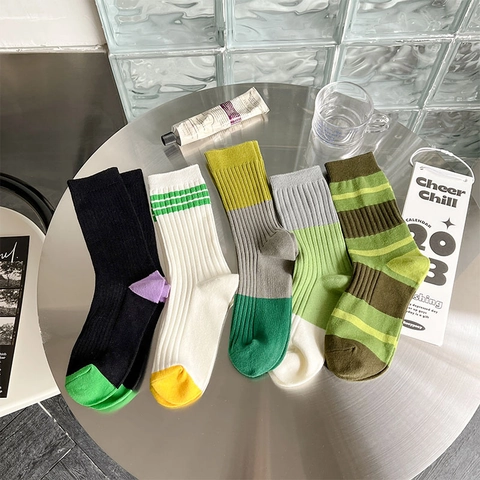 Calcetines De Tripulación Acanalados Para Mujer Algodón Transpirable Rayas Bloques De Color Casual