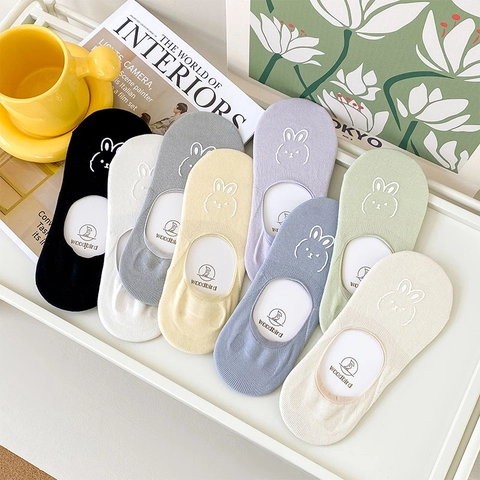 Women Cotton No Show Socks Cartoon Rabbit Embroidery Breathable Invisible Boat Socks Non Slip Silicone Heel