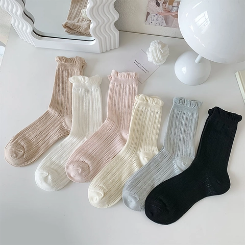 Damen Crew Socken Baumwollmischung Hohlmuster Atmungsaktiv Wellensaum Rüschen Süßer Japanischer College Stil