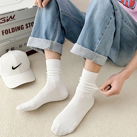 Men Crew Socks Cotton Blend Ribbed Knit Breathable Solid Color Business Casual Japanese Minimalist Mid Calf
