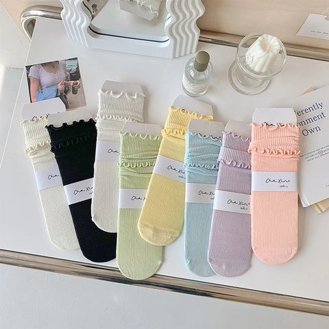 Calcetines De Algodón Para Mujer Dulce Volante Borde Punto Canalé Transpirable Suave Elástico Color Sólido Para Niñas