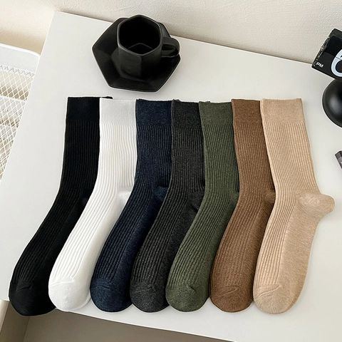 Men Crew Socks Cotton Blend Ribbed Knit Breathable Solid Color Business Casual Japanese Minimalist Mid Calf