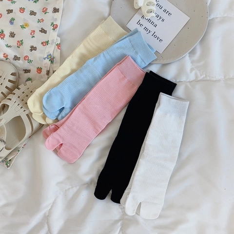 Chaussettes Tabi Femmes Coton Côte Orteils Fendus Mi-Tube Style Japonais Flip Flop Couleur Unie