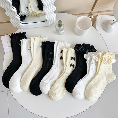 Lolita Wadenhohe Socken Baumwollmischung Rüschen Holzohrkante Schleife Künstliche Perle Blumenstickerei JK Stil Damen Süß