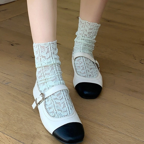 Dames Slouch Sokken Kant Opengewerkt Ademend Mesh Bladpatroon Zomer Zoete JK Stijl Nylon Halverwege De Kuit