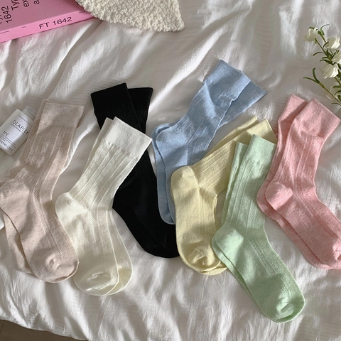 Women Mid Calf Socks Lolita Heart Hollow Out Mesh Breathable Nylon JK Style Sweet Solid Color Hosiery