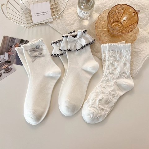 Damen Wadenhohe Socken Baumwollmischung Spitzenbesatz Rüschenschleife Süßer Lolita JK Stil Japanische Prinzessin Weiß