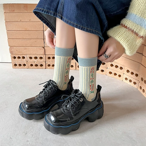 Calze Al Polpaccio In Cotone Da Donna Retro Floreale Pied-De-Poule Vintage Stile Accademia Calde