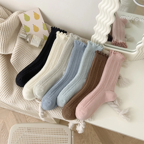 Damen Crew Socken Wollmischung Rüschenkante Rippstrick Warm Winter Süßer Stil Minimalistisch Weich