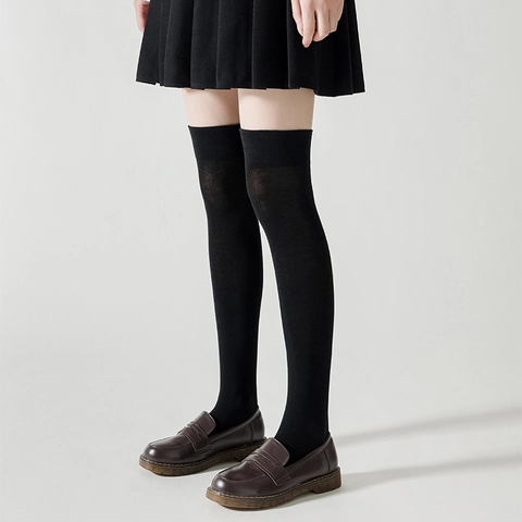 Women Over The Knee High Socks Cotton Blend Elastic Non-Slip Ribbed Cuff Solid Color Japanese JK Preppy Style School