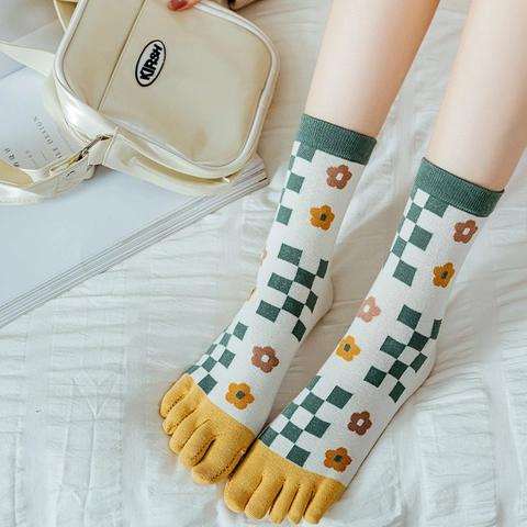Calze A Cinque Dita Donne Cotone Floreale Orso Quadri Al Polpaccio Traspirante Stile Giapponese Dolce Morbido