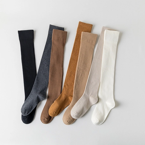 Women Over The Knee High Socks Cotton Blend Elastic Non-Slip Ribbed Cuff Solid Color Japanese JK Preppy Style School