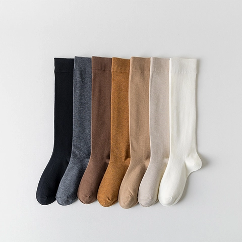 Chaussettes Hautes Femmes Mélange Coton Élastique Mi-Bas Couleur Unie JK Style Scolaire Japonais Mode Look Minceur Doux