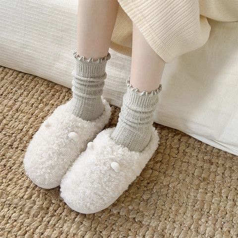 Damen Crew Socken Wollmischung Rüschenkante Rippstrick Warm Winter Süßer Stil Minimalistisch Weich