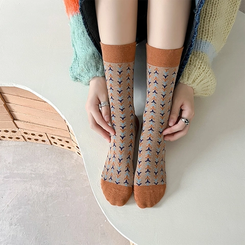 Calze Al Polpaccio In Cotone Da Donna Retro Floreale Pied-De-Poule Vintage Stile Accademia Calde