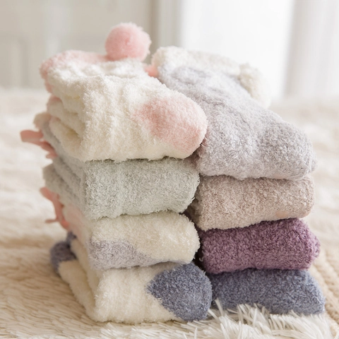 Wazige Slaapsokken Voor Dames Koraalvlies Verdikte Warme Antislip Huissokken Met Pompons Strikken