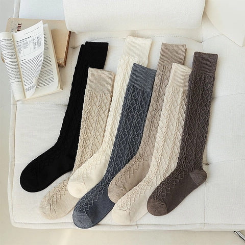 Women Knee High Socks Cotton Blend Cable Knit Diamond Texture Japanese JK Preppy Style Autumn Winter Warm Solid Color