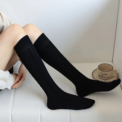 Women Knee High Socks Cotton Blend Cable Knit Diamond Texture Japanese JK Preppy Style Autumn Winter Warm Solid Color