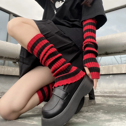 Jambières Et Manchettes En Tricot À Rayures Rouge Et Noir Mitaines Longues Avec Trou Pour Le Pouce Bord Ondulé Style Punk Goth
