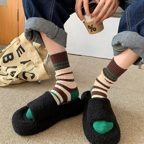 Women Cotton Striped Crew Socks Ribbed Knit Mid Calf Color Block Japanese Academy Style Casual Slouch Stockings