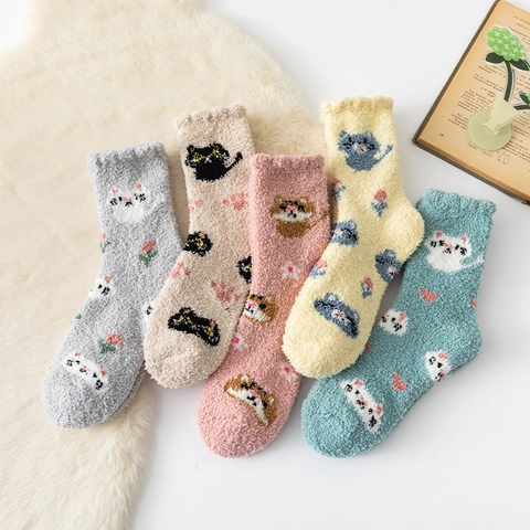 Women Sleeping Socks Thick Coral Fleece Warm Fuzzy Home Floor Mid Calf Socks Cartoon Animal Cat Hamster Winter Indoor