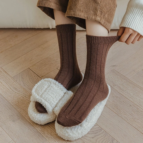 Calcetines De Invierno Cálidos Mezcla De Lana Para Mujer Punto Acanalado Color Sólido Media Pantorrilla Moda Minimalista Casual Suave