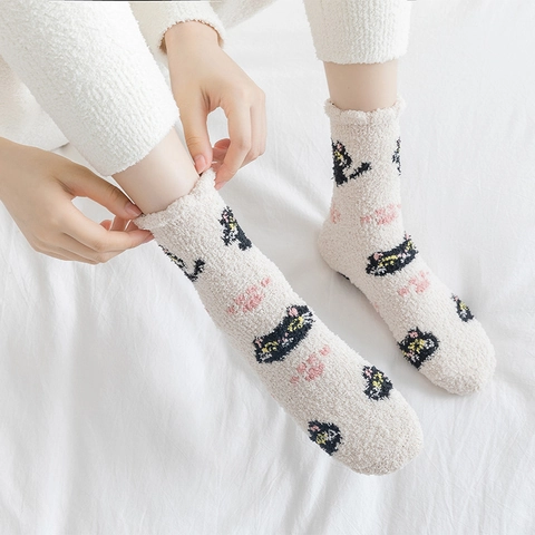 Women Sleeping Socks Thick Coral Fleece Warm Fuzzy Home Floor Mid Calf Socks Cartoon Animal Cat Hamster Winter Indoor