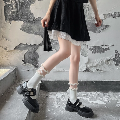 Damen Lolita Crew Socken Baumwolle Spitze Rüschen Schleife Dekor Japanischen JK Stil Süß Gothic Mittlere Socken