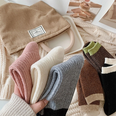 Calze Al Polpaccio In Misto Lana Da Donna Maglia A Coste Spessa Calda Inverno Stile Collegiale Polsini A Contrasto