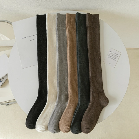 Damen Überknie Socken Wollmischung Rippstrick Winter Warm Verdicken Japanischer JK Stil Lange Strümpfe