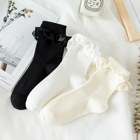 Damen Crew Socken Baumwollmischung Satin Rüschenrand Japanischer JK Stil Süße Lolita Socken