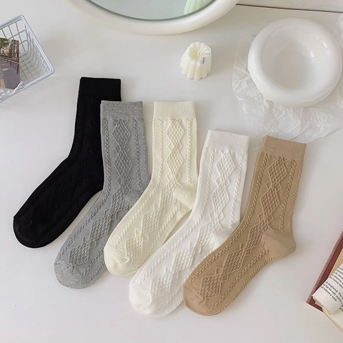 Women Mid Calf Crew Socks Cotton Knit Cable Rhombus Diamond Pattern Solid Color Japanese Style Retro Casual