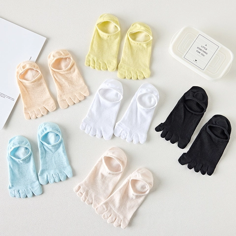 Women Five Finger Socks Cotton Mesh Breathable Invisible Low Cut Boat Style Solid Color Non Slip Comfortable
