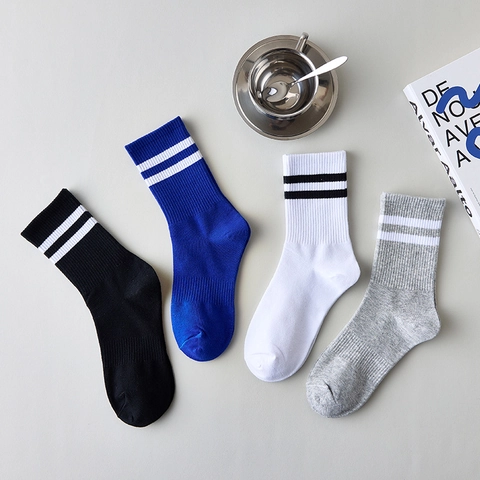 Baumwollmischung Crew Socken Gerippt Doppelstreifen Preppy Stil Retro Sportlich Wadenlang Strumpfwaren Unisex
