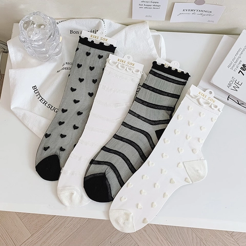 Damen Transparente Mesh Socken Herz Streifen Atmungsaktiv Ultradünn Rüschensaum Japanischer Stil Nylon