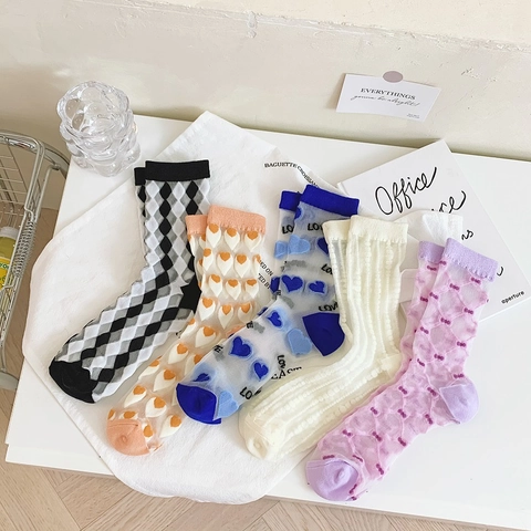 Women Transparent Mesh Crew Socks Ultra Thin Breathable Nylon Japanese Style Heart Argyle Bowknot Pattern Sweet Elegant