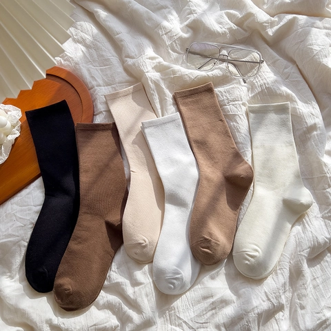 Damen Crew Socken Baumwollmischung Einfarbig Gerippte Slouch Socken Lässig Atmungsaktiv Mittelhohe Strümpfe Für Damen