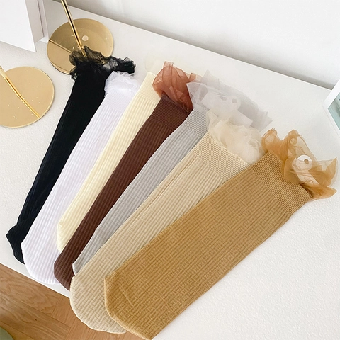 Calcetines De Media Pantorrilla Para Mujer De Punto Acanalado Terciopelo Con Ribete De Encaje Volantes De Organza Color Sólido Estilo Dulce De Moda