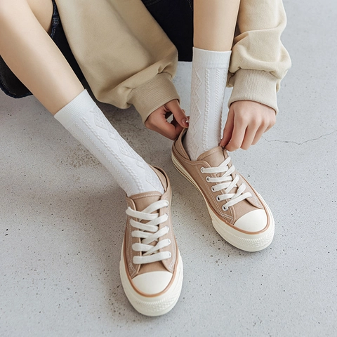 Women Mid Calf Crew Socks Cotton Knit Cable Rhombus Diamond Pattern Solid Color Japanese Style Retro Casual